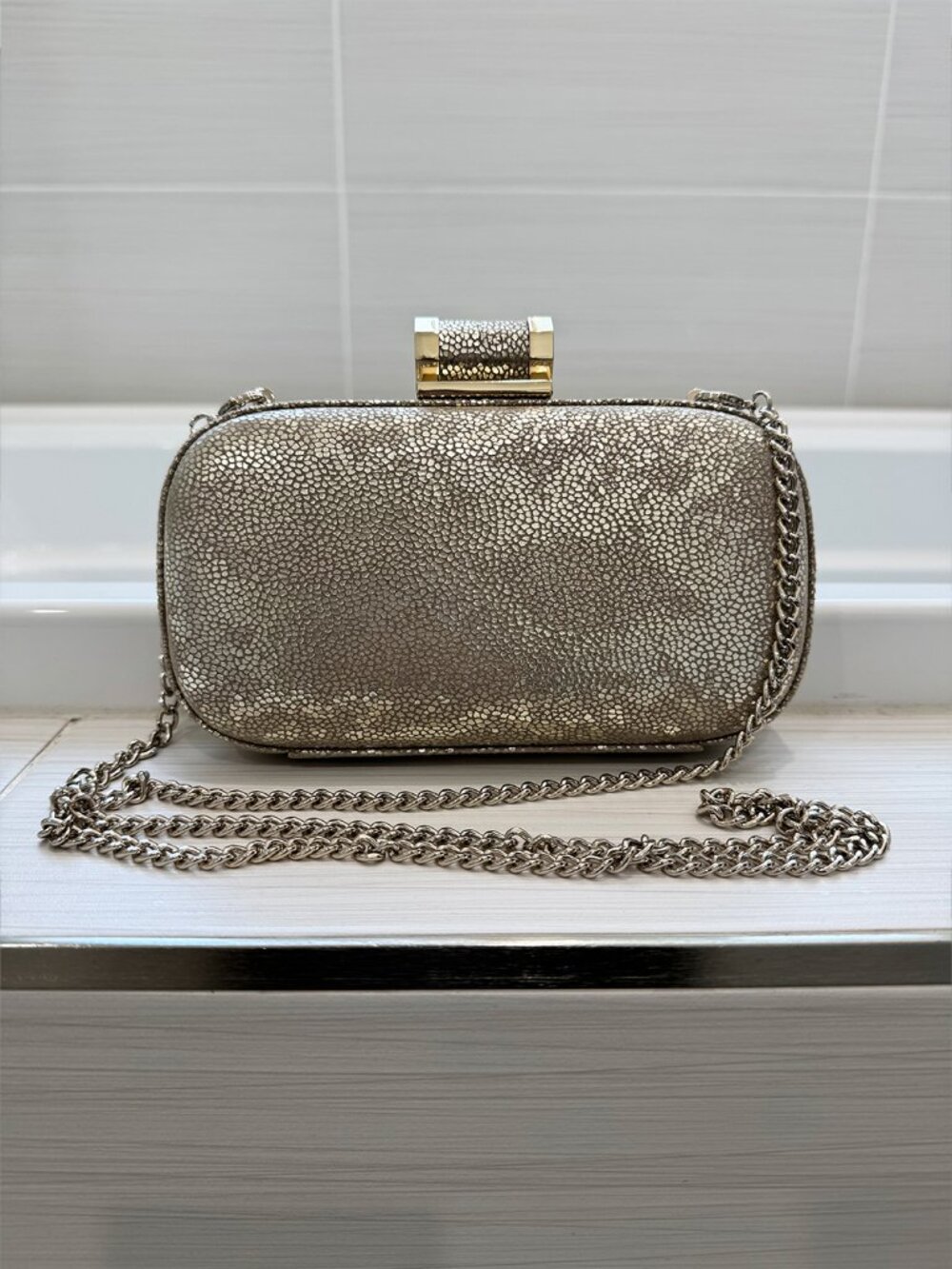 Halston Heritage Champaign/Light Gold Hard Case Clutch Removable Shoulder Chain